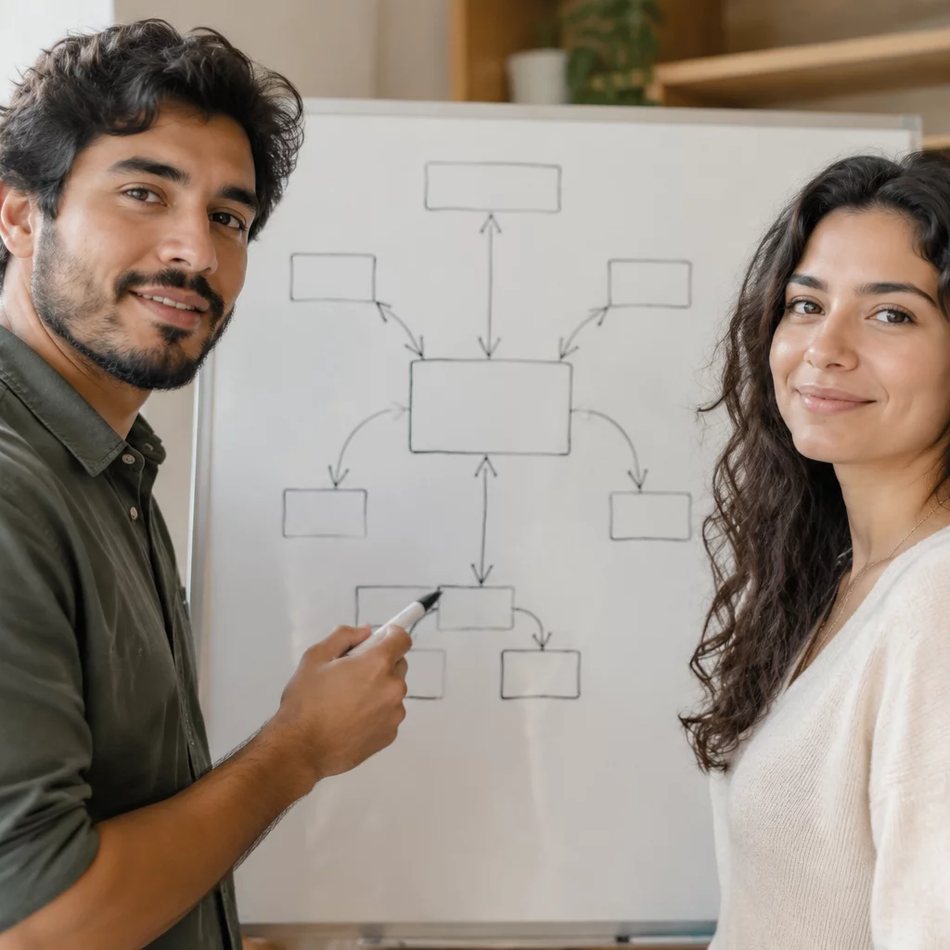 Duas participantes de pé junto ao quadro branco, desenhando as partes de um argumento