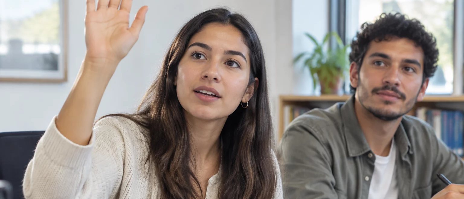Participante com a mão erguida pedindo a vez, à mesa coberta de folhas escritas